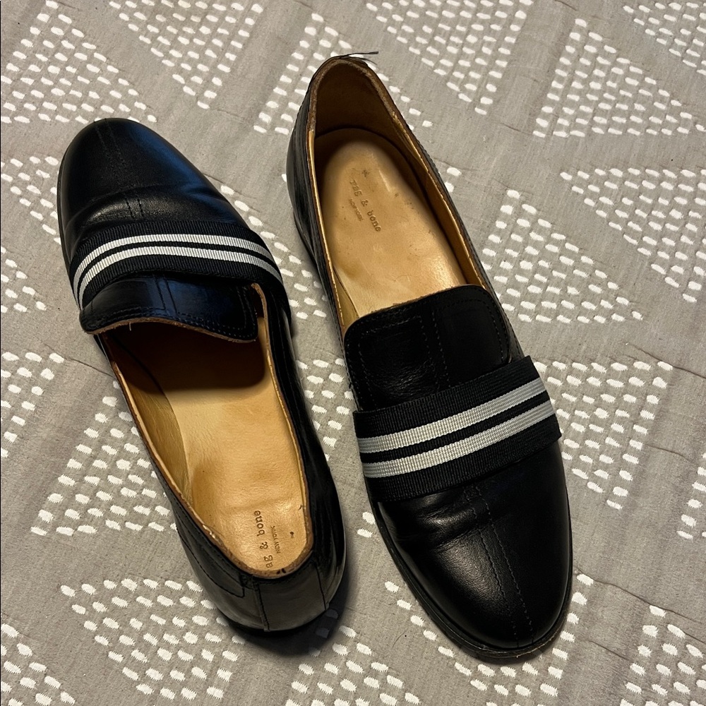 rag & bone Black Leather Women's Loafers with Striped Detail
